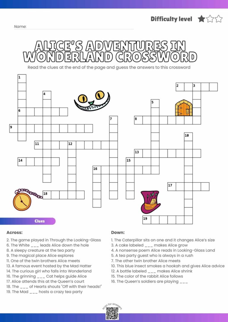 Alice’s Adventures in Wonderland Crossword Puzzle – Free Printable Literature Fun