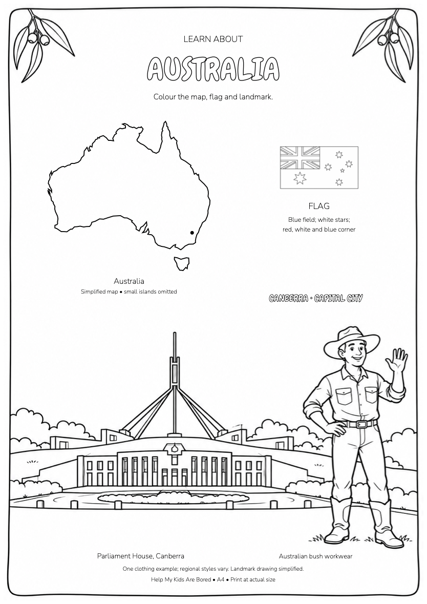 Learn About Australia — Country Colouring Page