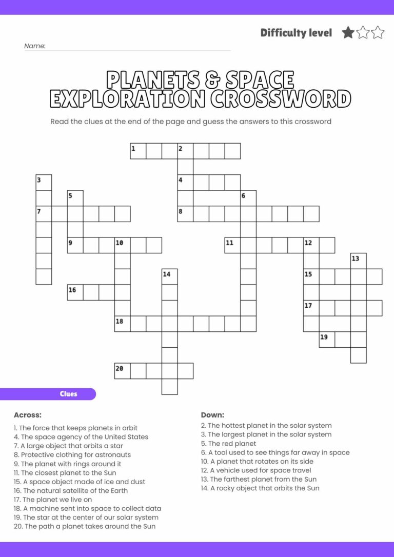 Free Planets & Space Exploration Crossword Puzzle – Printable Learning Fun