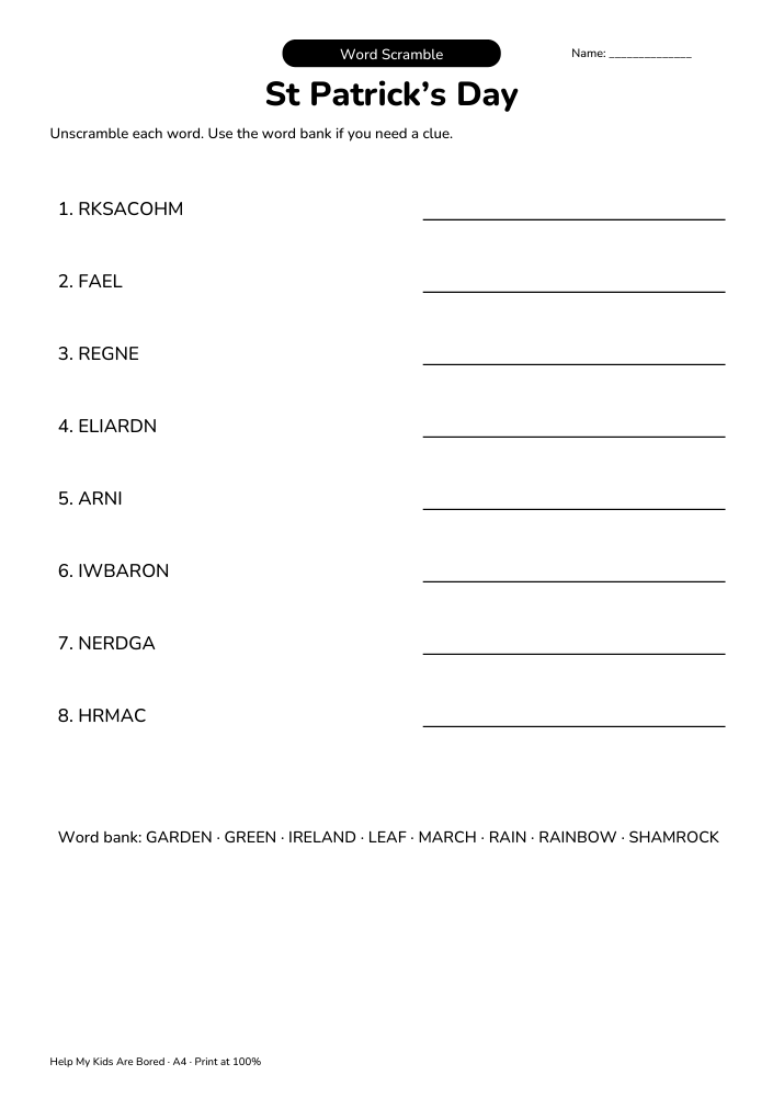 St Patrick’s Day Word Scramble