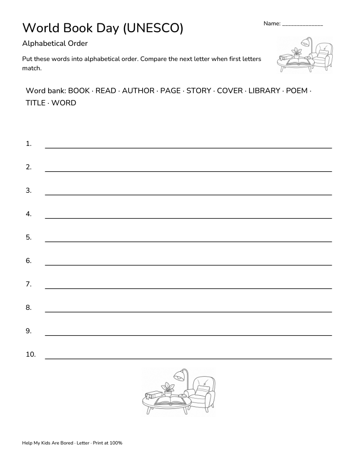 Book Week Letters World Book Day (UNESCO) Alphabetical Order | Free Printable