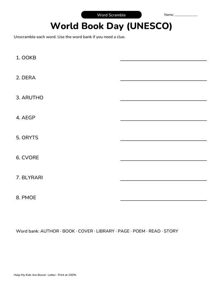 Book Week Letters World Book Day (UNESCO) Word Scramble | Free Printable