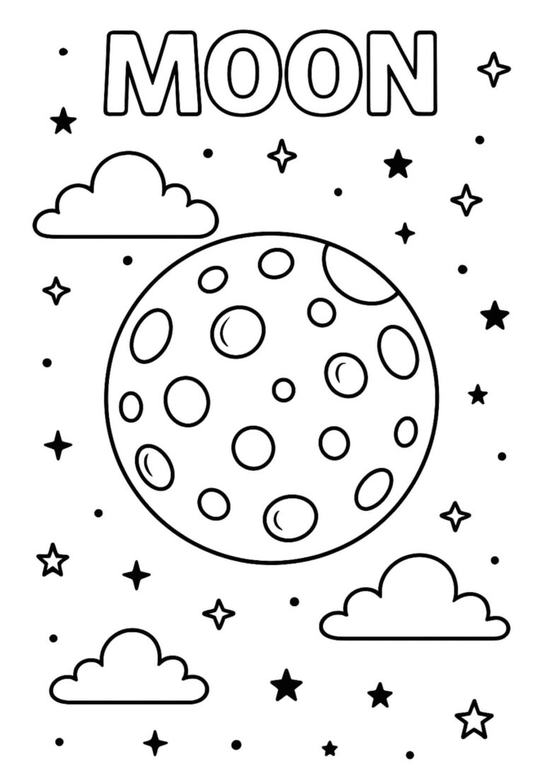 Free Moon Coloring Page Printable for Kids – Fun Space-Themed Worksheet with Stars & Clouds