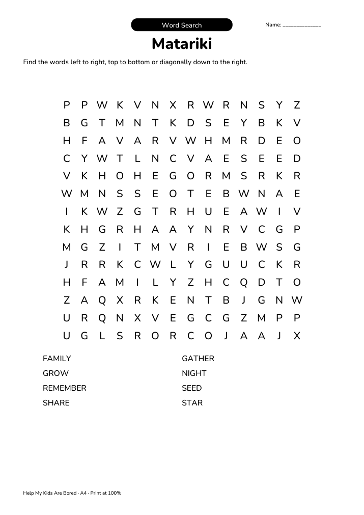 Matariki Word Search