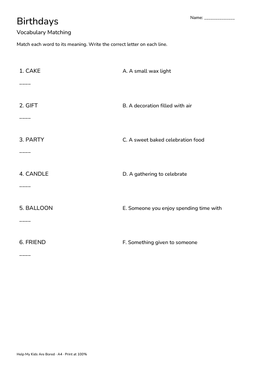 Birthdays Vocabulary Matching