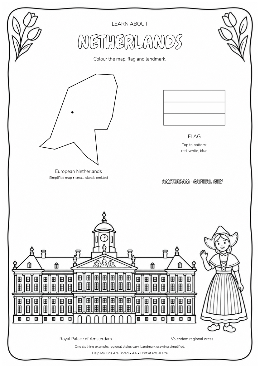 Learn About Netherlands — Country Colouring Page