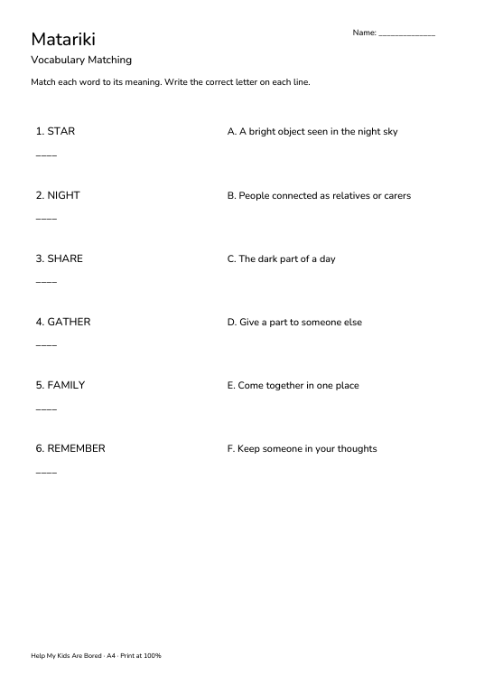 Matariki Vocabulary Matching