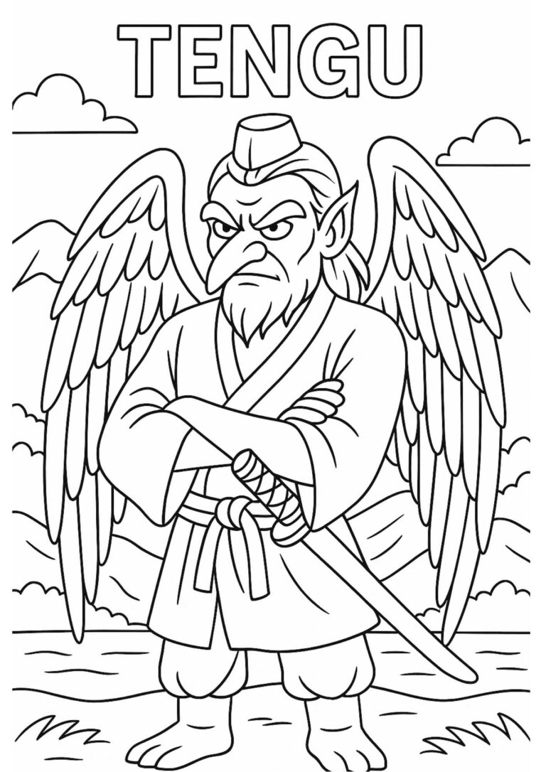 Tengu Coloring Page – Free Printable Japanese Mythical Warrior