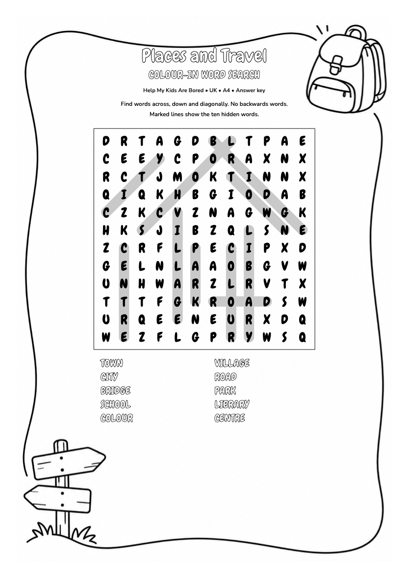 Places and Travel — Geography Colour-In Word Search | Free Printables